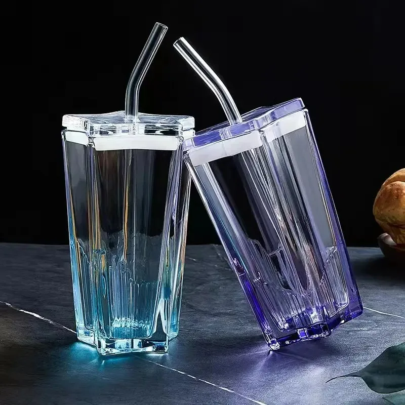 Straw Tumbler Glass 300ml Star Drinking Cups with Straw Pentagonal Coffee Milk Juice Glass Plastic Lid Leakproof