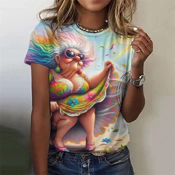 3D Printed Cartoon Granny T-Shirt For Women Colorful Fashion Graphic Tees Summer Casual T Shirts Round Neck Tops Short Sleeves 1