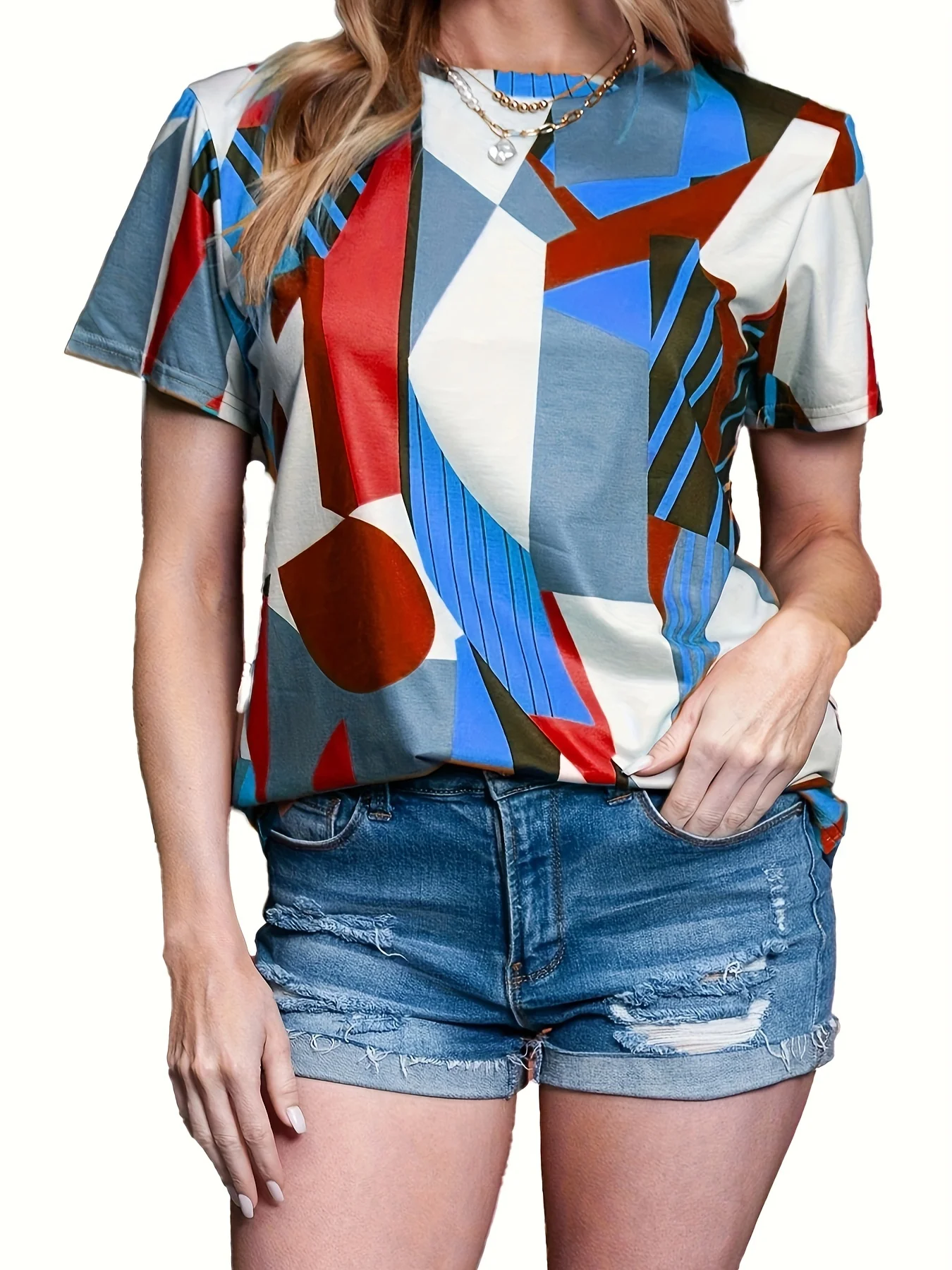 

2024 Spring Summer New Collision Geometric Pattern Color Block Splicing Printing Casual Eound Neck Large Size Women's T-shirt