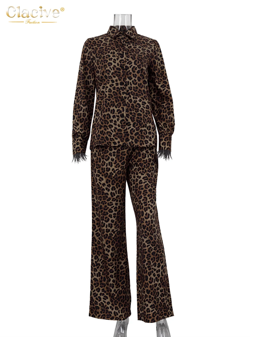 Clacive Sexy Slim Leopard Print Women Two Piece Outfits 2023