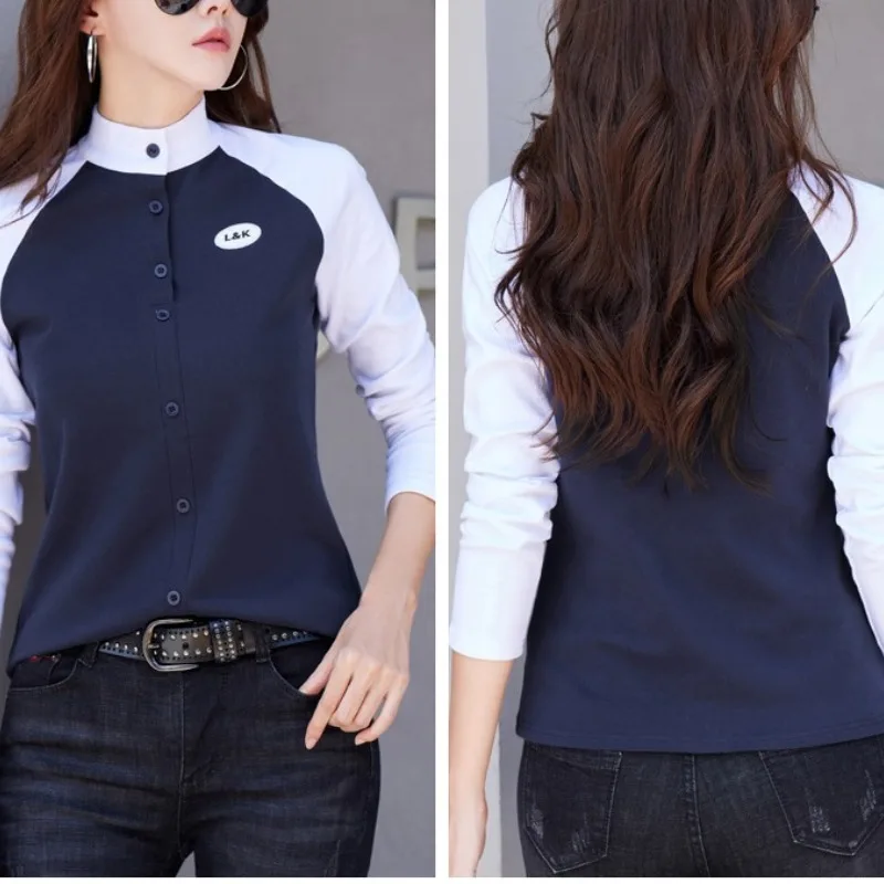 Autumn and Winter Women's Pullover Stand Neck Button Contrast Panel Long Sleeve Cardigan Hoodies Coat Fashion Casual Tops