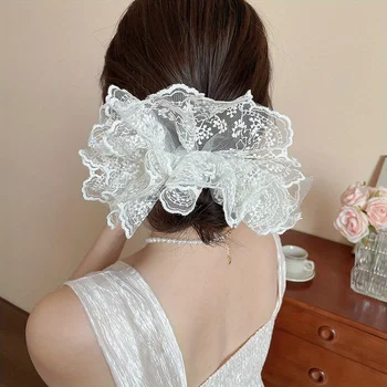 Elastico in tessuto con finiture in pizzo - Elegante cravatta per capelli con panino, stile dolce etereo per donna, accessorio per capelli primavera estate