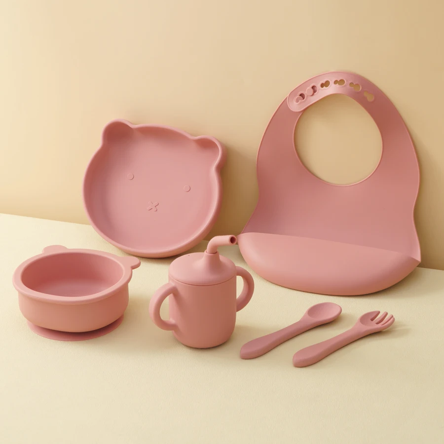 Silicone Baby Dinner Set 6PCS Adjustable Bib Cartoon Bear Shape Bowl Plate Portable Cup Soft Utensils Tableware Sets for Baby