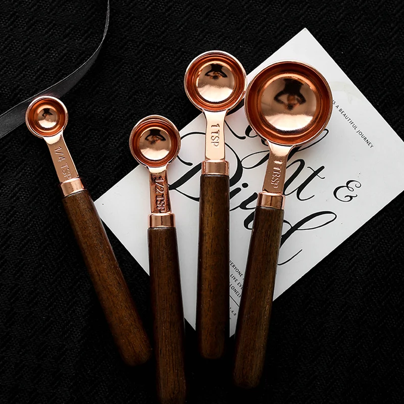 4pcs Rose Gold Measuring Spoons Wood Handle Measuring Spoon Set Spice