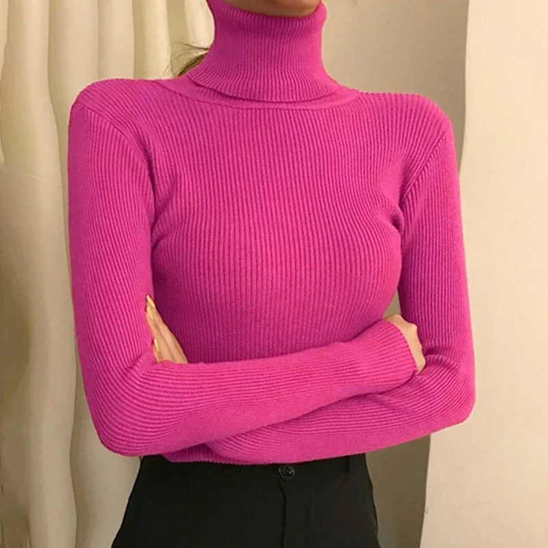 

2023 New Women Pullover Turtleneck Sweater Autumn Long Sleeve Slim Elastic Korean Simple Basic Cheap Jumper Solid Color Top