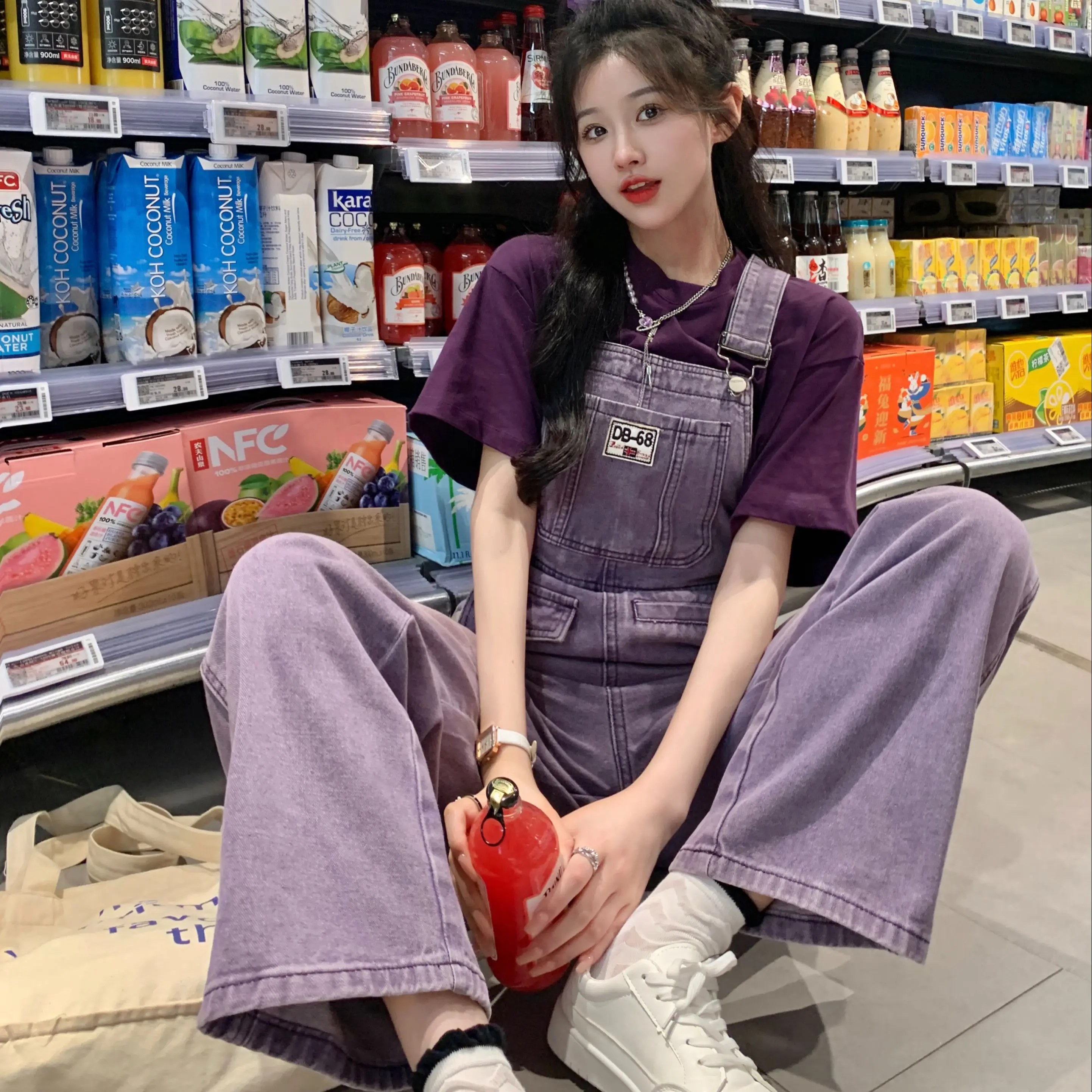 Vintage Women Denim Jumpsuit 2024 Korean Style Purple Casual
