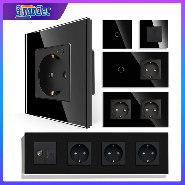 Bingoelec Socket with Glass Black Light Touch Switch and Wall Sockets with Crystal Glass Panel Home Improvement Smart Switches