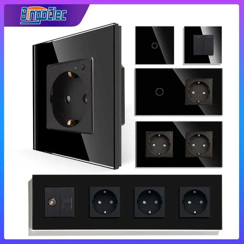 Bingoelec Tomada Inteligente com Vidro Luz Negra Touch Switch e Tomadas de Parede Painel de Vidro Cristal Melhoria da Casa