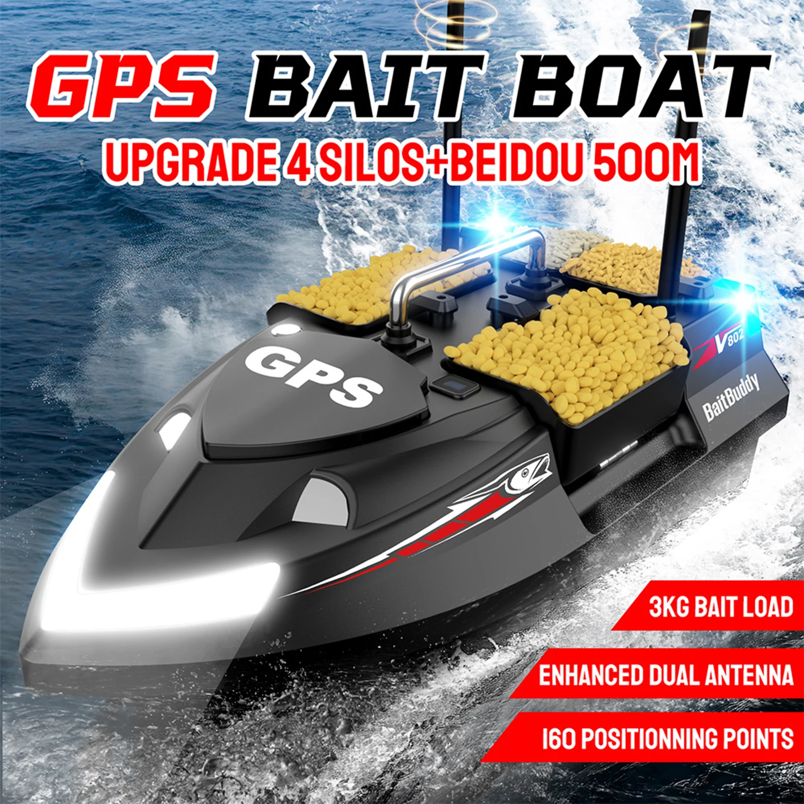 3KG Loading 500M Remote Control Fishing Bait Boat 160 GPS Pilot Points 4 Bait Tanks GPS Fish Bait Boat