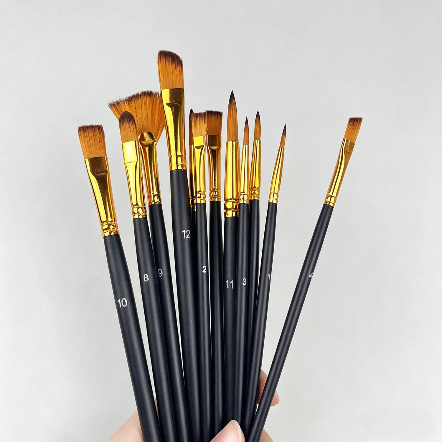 12pcs 나일론 강모 브러쉬 세트 플랫 브러쉬 예술가 아마추어 및 아크릴 그림용 수채화 오일 페인트 패브릭 브러쉬