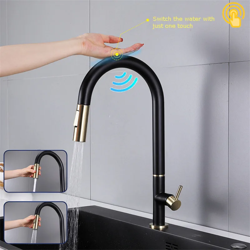 

Black Gold Smart Induction Kitchen Faucets Crane Pull-Out Touch Sensor Sink Water Mixer Tap 360 Rotate Hot and Cold Sink Faucet