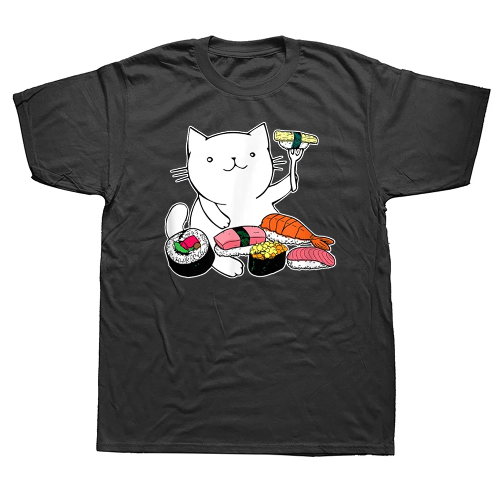 

Cute Sushi Eating Cat Funny Animal Pet Japan Food Art T Shirts Streetwear Short Sleeve Birthday Gifts T-shirt Mens Clothing