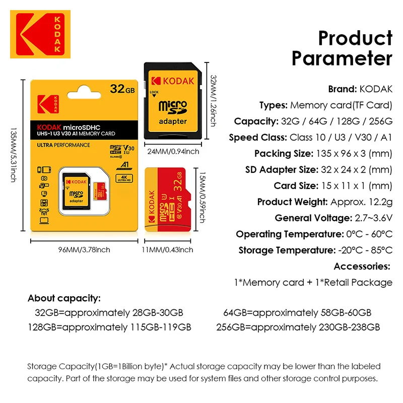 100% 오리지널 Kodak 레드 메모리 카드 128GB 64GB 32GB A1 마이크로 TF SD 카드 클래스 10 UHS-1 TF 플래시 카드(삼트폰/PC용)