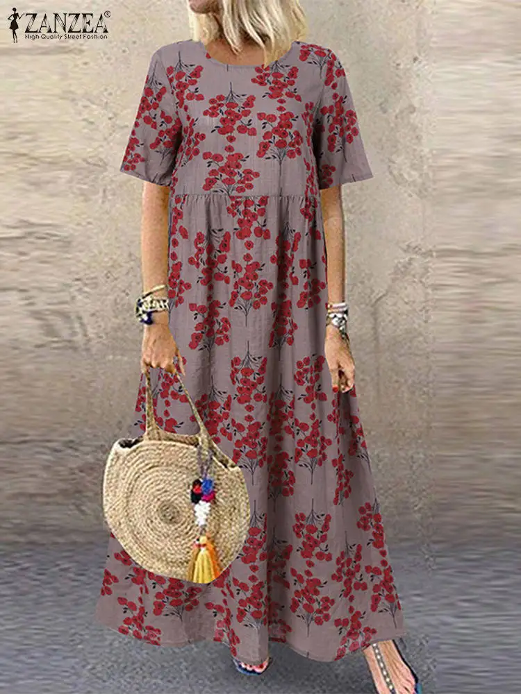 

Vintage Sundress ZANZEA Floral Printed Maxi Dresses Women Summer Dress Casual Short Sleeve O Neck Vestido Holiday Robe Femme