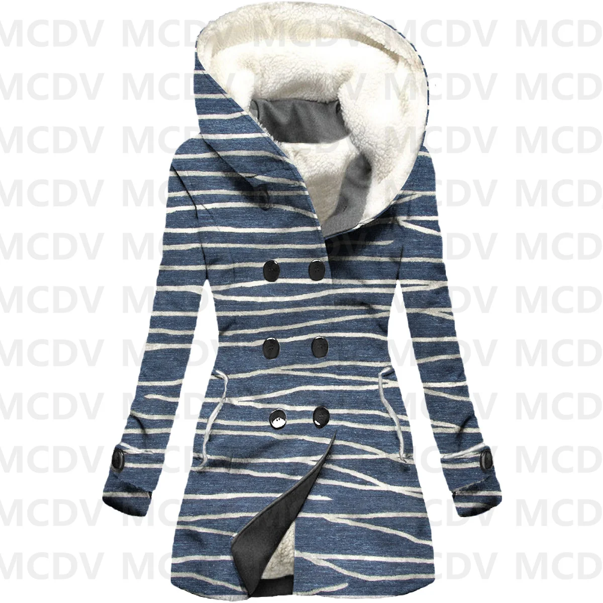 Retro Stripe 3D Printed Fleece Hooded Cloak Women Thick Warm Coat Women's Winter Warm Overcoat Casual Clothes