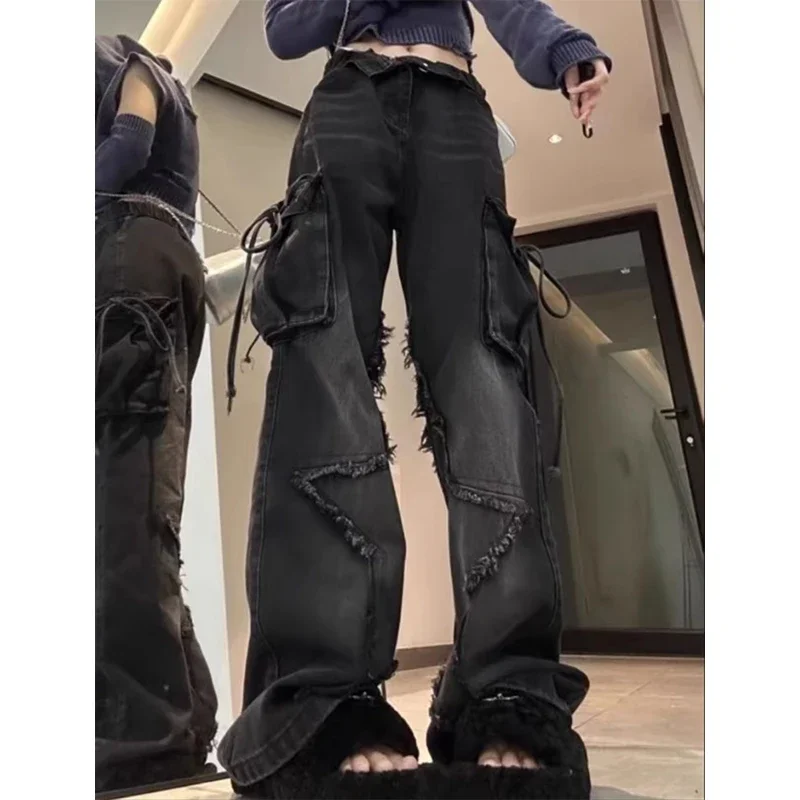 パンツ Civarize black coating cargo denim emo Techwear Cargo Pants Womens Hollow Out Joggers Goth Emo