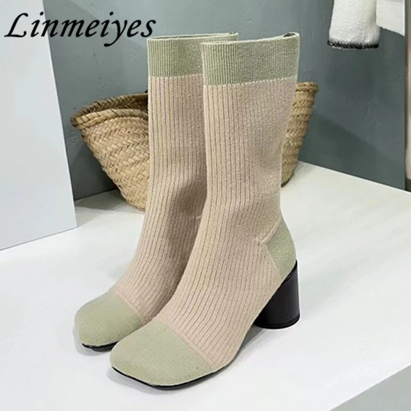 

Hot Sales Round Heels Sock Boots Women Round Toe Comfort Slip-on Knit Boots Female Runway Stretch Modern Short Boots Woman