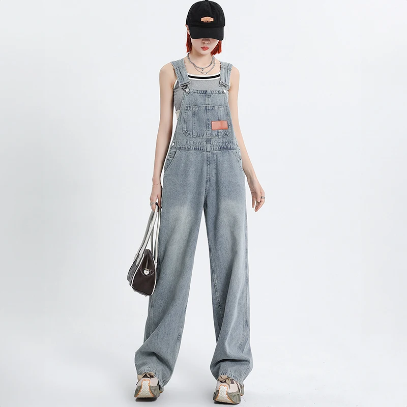 Light Blue Baggy Overalls Jeans For Women 2024 Fashion Clothing Washed Full Length Denim Jumpsuit Trousers Wide Leg Pants Female 2024 new art retro women s v neck lace loose jumpsuit casual wide leg pants trousers y2k clothes baggy pants sweatpants fashion