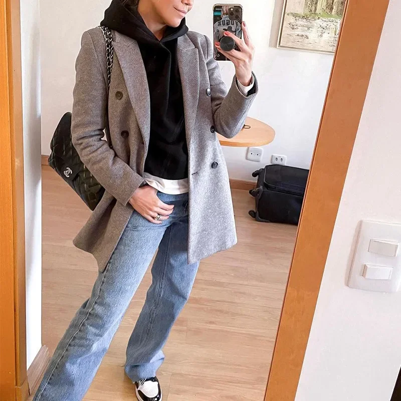 Fall/Winter Women's Pure Color Elegant Fashion 2024 New Casual Suit Collar Mid-length Office Loose Temperament Woolen Jacket