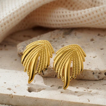 Vintage Gold Plated Texture Feather Wing Earrings for Women Stainless Steel Earring Statement Fashion Jewelry Gifts