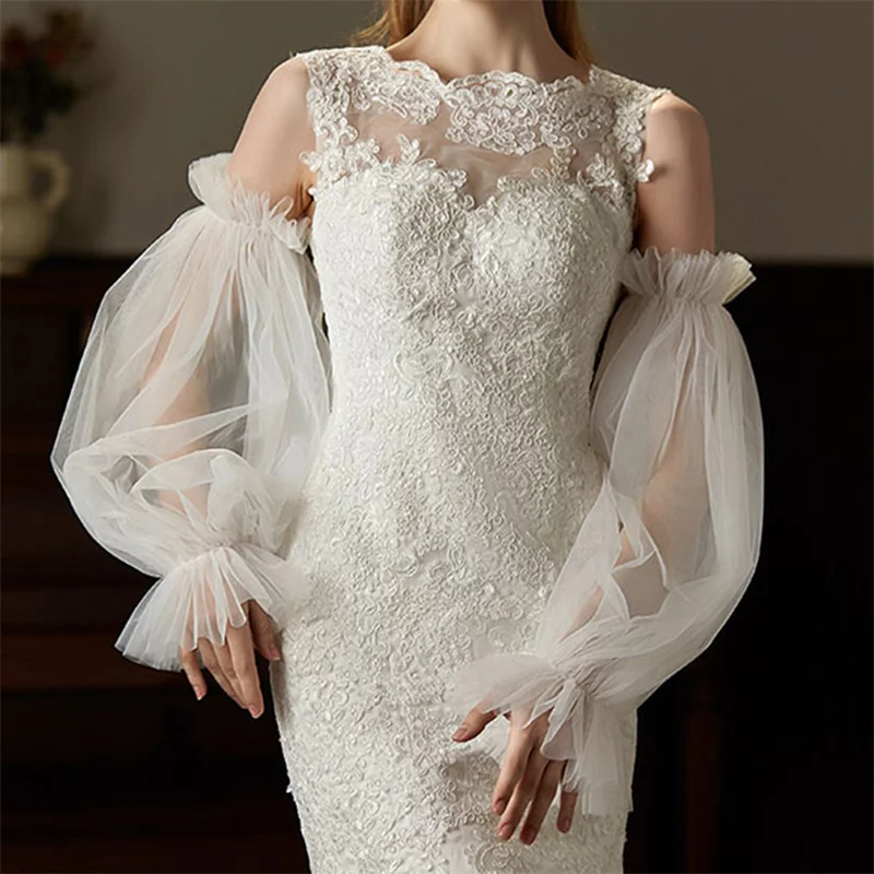 White Black Elegant Detachable Arm Sleeves Wedding Arm Cover Decorate Skin-friendly Long Sleeves Puff Sleeve Photoshoot For Woman arm sleeves bridal gloves