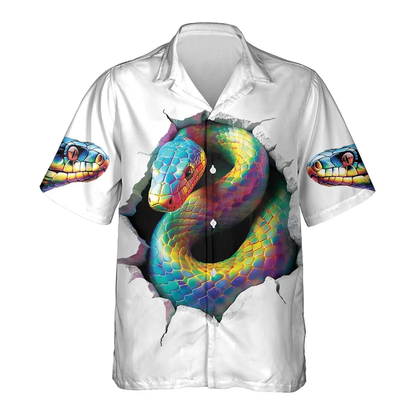 thumbnail image 1 of Camisa hawaiana con estampado de serpiente de terror para hombre, divertida camisa hawaiana con estampado 3D de serpiente, blusas casuales de verano de manga corta con solapa, 1 of 5