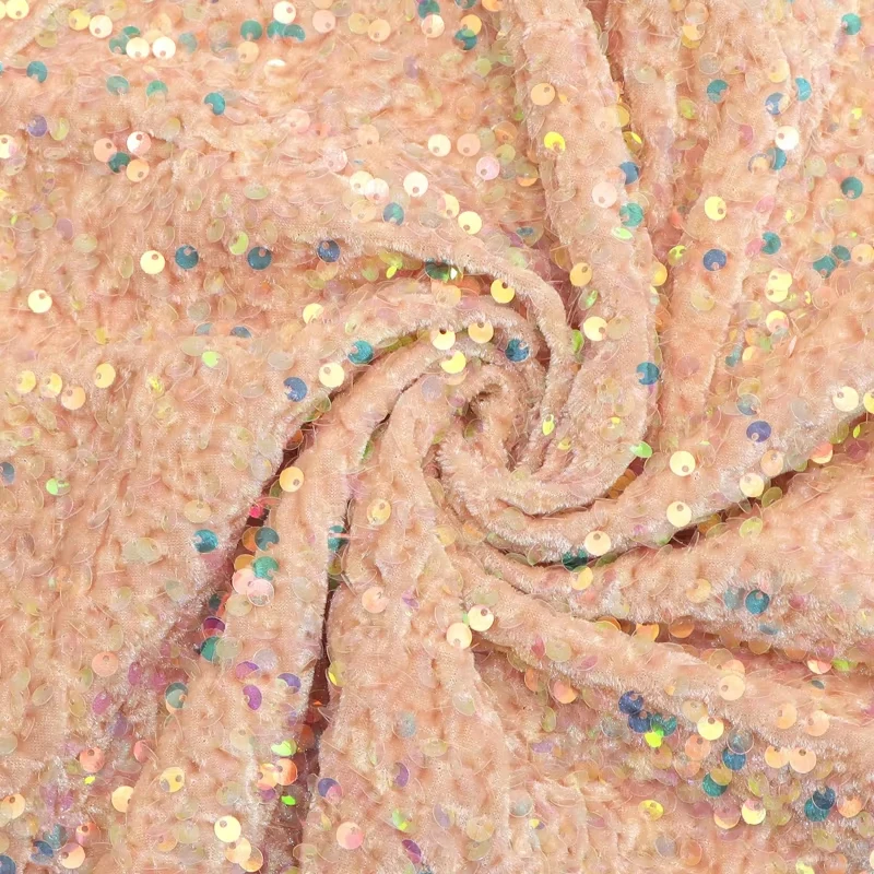 Vibrant Orange Pink Stretch Velvet Sequin Fabric for Apparel and Decor Projects