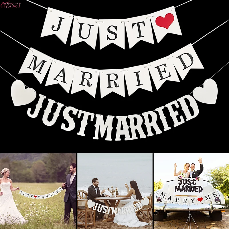 JUST MARRIED Flag Garland Photo Props Signs Banner Weeding Party Hanging Decor 
