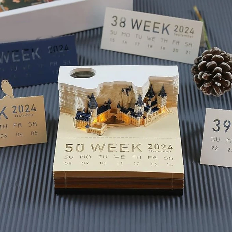 

2024 Desk Calendar With LED Lights, Paper Carving 3D Castle Calendar Notepad, Tear-Away Notepad, Paper Carving Art Craft