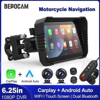 BEPOCAM 5 "/6.25" Navigazione GPS per Moto DVR Schermo Carplay per Moto Doppia Fotocamera Registratore di Azionamento IPX7 Impermeabile Moto Monitor