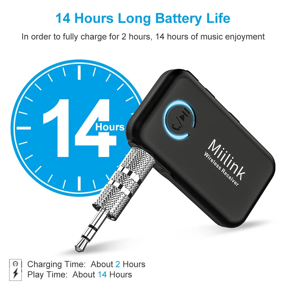 1Mii ML100 Bluetooth-compatible 5.0 Receiver Car With Mic 14H Long Battery 3.5mm Aux BT Adapter for Car Headphone Speaker