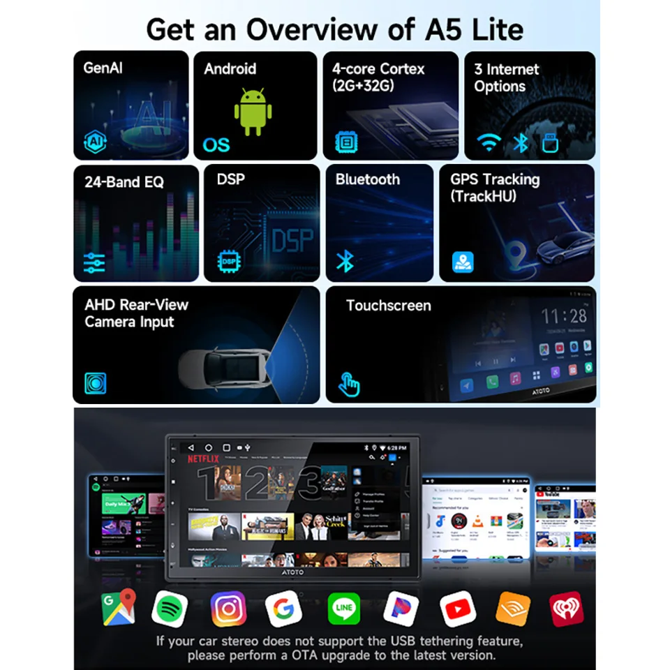 Reproductor multimedia para coche ATOTO de 7 pulgadas 2Din con Android, pantalla Carplay, Android Auto, radio Bluetooth, estéreo doble 2 Din para coche A5L A5 Lite 2