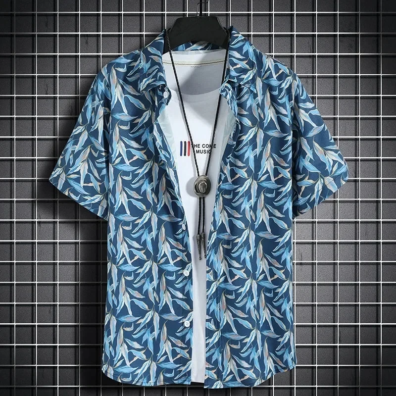 Hawaiian beach shirts Men's short-sleeved casual shirts Seaside vacation quick-drying clothes Loose floral tops 2