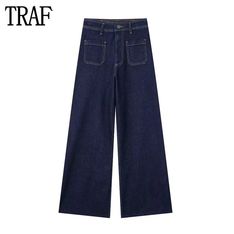 

TRAF 2023 High Waist Jeans for Women Blue Marine Denim Jeans Womens Straight Let Jeans Pants Woman Streetwear Y2k Women's Jeans