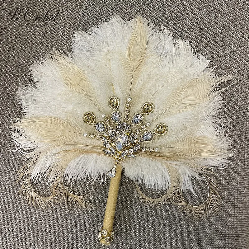 PEORCHID Inspired Ostrich Feather Brooch Bridal Fan Bouquets Mariage Artificial Great Gatsby Wedding Flower Biamond Bouquet