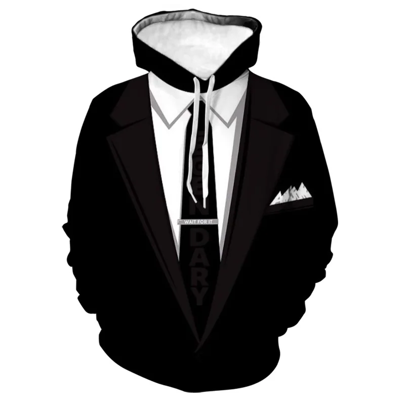 thumbnail image 1 of Sudadera con capucha de traje falso divertida con estampado 3D para hombre, esmoquin con patrón de pajarita, sudaderas casuales de manga larga para cosplay, sudaderas con capucha de calle, 1 of 4