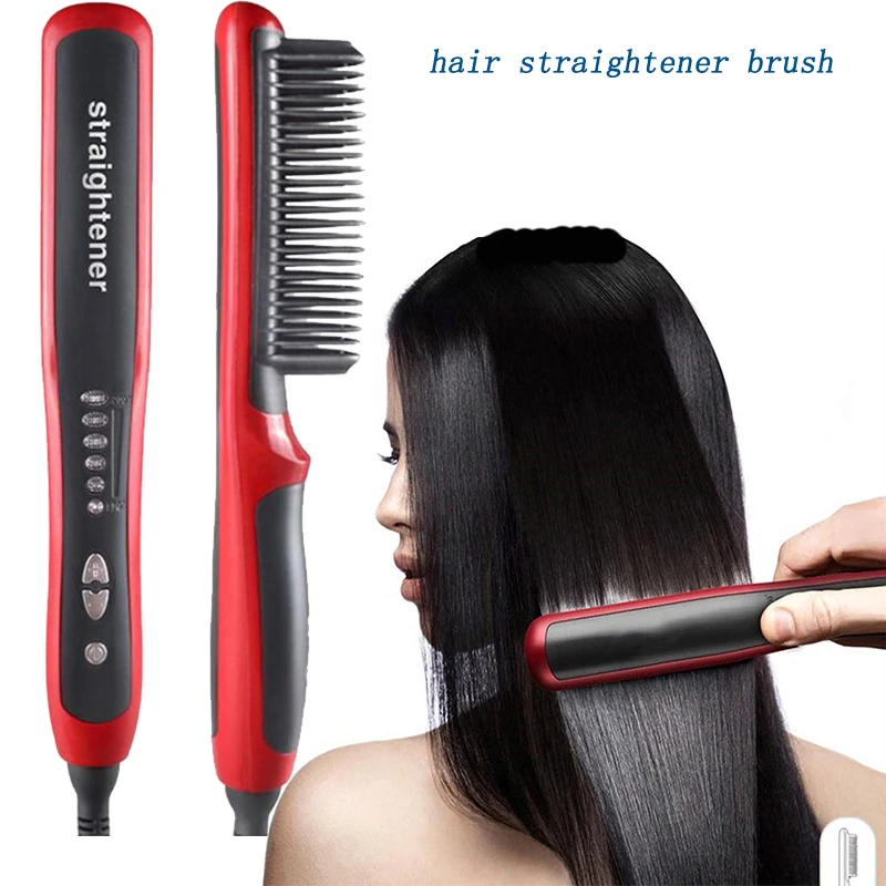 Straightening Brush Electric Hot Comb 2 In 1 Hair Straightener Brush Curling Comb  Negative Ion Anti-Scalding Styling Tool