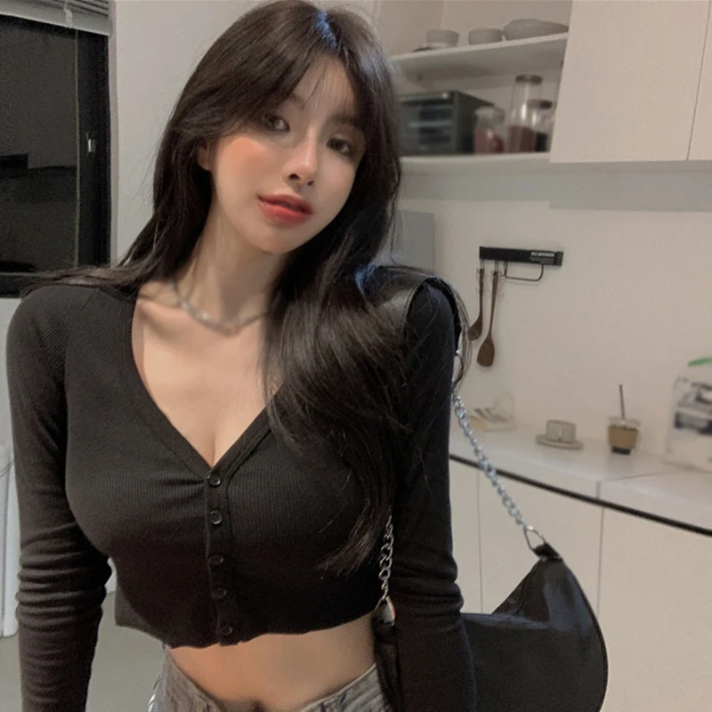 용수철 여성용 로우컷 브이넥 긴팔 반실 티셔츠, 니트 가디건, 배꼽 보터밍 셔츠, 타이트한 탑, 섹시