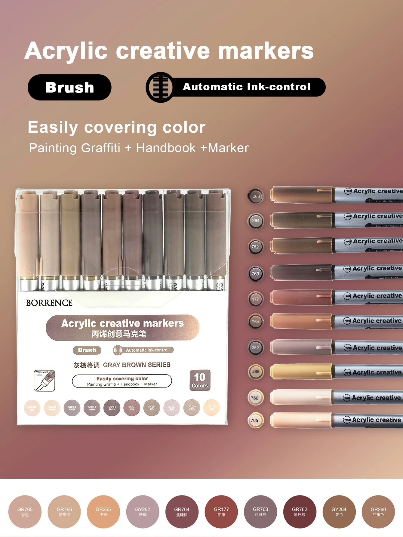 Vibrant Acrylic Brush Markers Set with Automatic Ink Control - 10 Colors