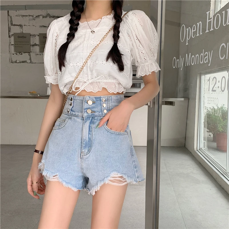 bape shorts Fashion Denim Shorts Female Summer High Waist A-line 2021 New Retro Hole Design Sense Tide Women's Shorts Wide-leg Pants cargo shorts