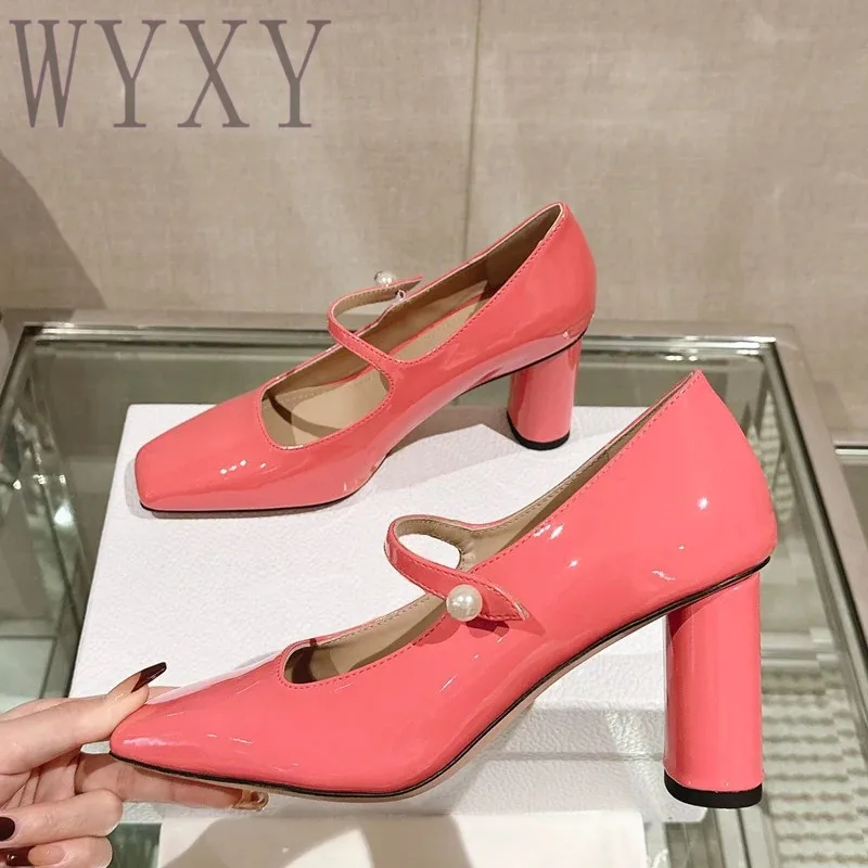 

Spring New Square Toe Genuine Leather Pearl Button Square Toe Mary Jane Shoes Women Fashion High Heel Party Single Shoes 2024