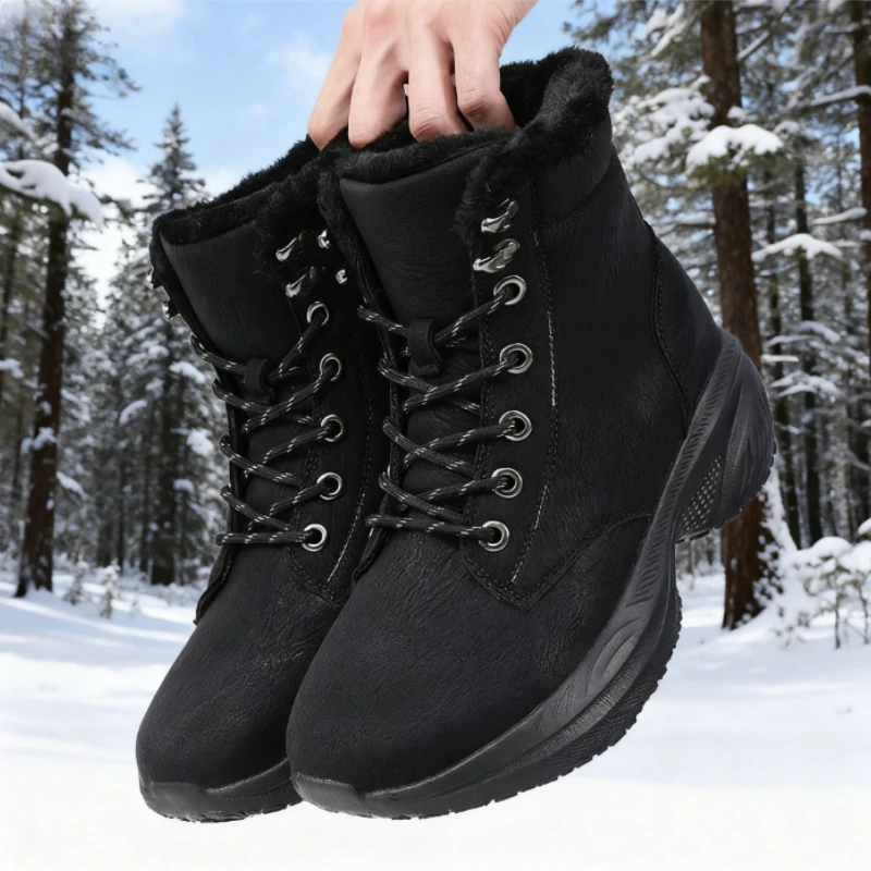 Wide Toe Shoes Snow Boots for Men Winter Fur Lined Ankle Boots Non-Slip Platform Causal Warm Shoes Lace-Up Cold Weather Boots