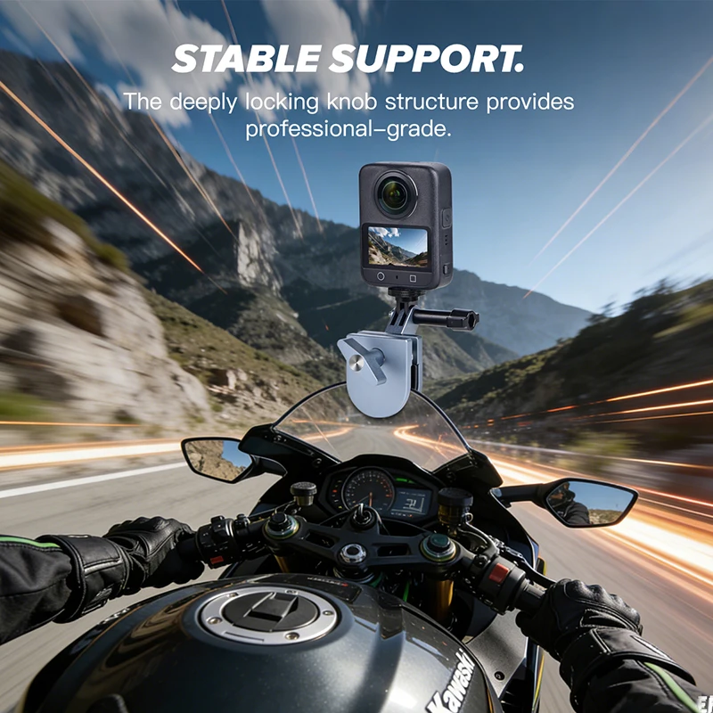 Gros plan sur le support pare-brise moto aluminium, montrant les vis de serrage et l'adaptateur pour caméra.
