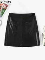 VONDA Plus Size 5XL Elegant Office Women Sexy Mini Skirts PU Leather Casual Solid Color Skirts 2025 Fashion Overskirt Bottoms - Image 5