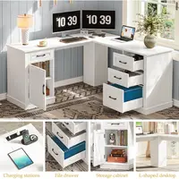 L-Shaped Executive Desk with Drawers, Charging Station, Storage, Rustic Cream White Home Office Desk 5