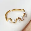 High End PVD fashion Opening Wave Pearl Rings Stainless Steel Gold Silver Color Adjustable For Women Metal Jewelry 5