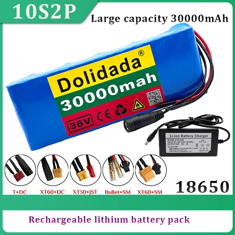 

New 36V Rechargeable Lithium-ion Battery Pack 18650 10S2P 30000mAh for Electric Bicycle Scooters with Built-in BMS with Charger