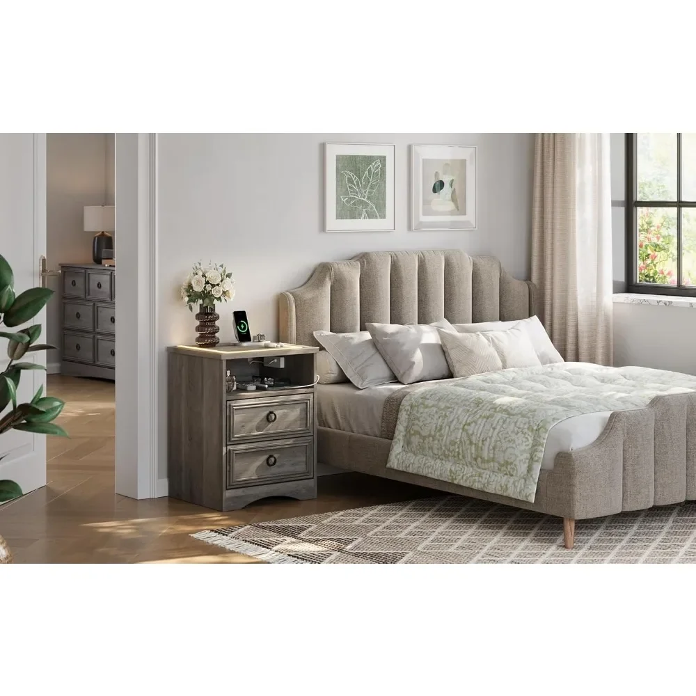 Nightstand with Strip Lights,USB Outlets Set of 2, NightStand with Drawers, Accent BedSide Table and End Table Open Storage