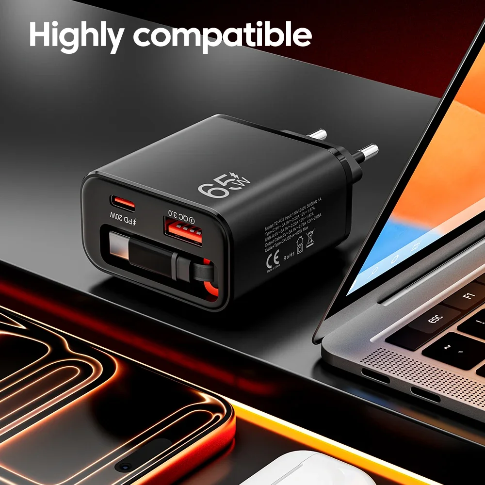 Caricatore USB da 65W QC 3.0 con Cavo USB-C Retrattile a Ricarica Super Veloce per iPhone 17, Huawei, Xiaomi - Image 5