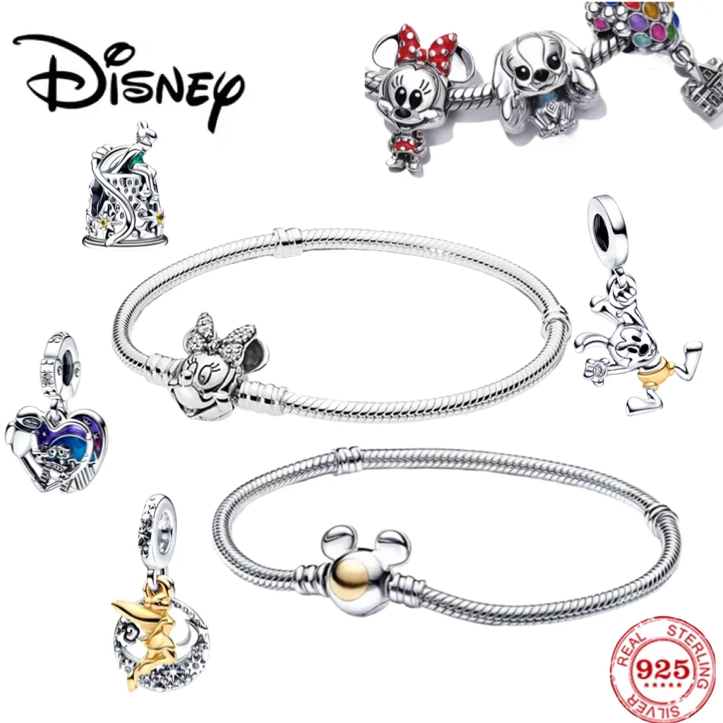 Disney Hot 925 Sterling Silver Fitted Original Charms Snake Bracelet Rose Gold Adjustable Chain Women's DIY Jewelry